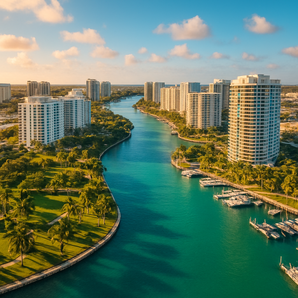 Aerial view of Aventura, Florida with the Intracoastal waterway and palm trees